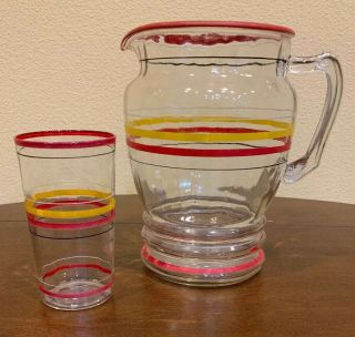 Vintage 50’s Striped Pitcher With 11 Tumblers