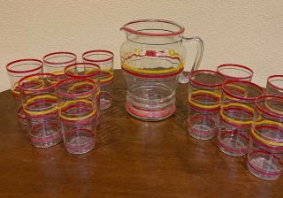VINTAGE 50’s STRIPED PITCHER WITH 11 Tumblers 2
