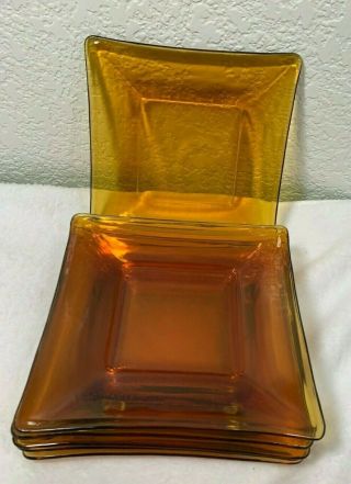 Set Of 6 Vintage Amber Glass Square Appetizer Hors D - Oeuvres Plates 5 3/4 "