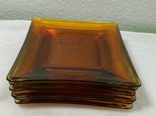 Set of 6 Vintage Amber Glass Square Appetizer Hors D - Oeuvres Plates 5 3/4 