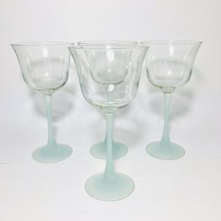 4 Vintage Bell Shaped Wine Glasses Goblets Light Blue Frosted Stem 10 Oz 7 5/8”