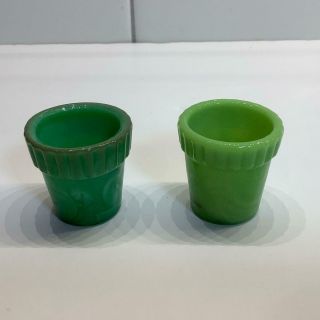 2 Vtg Akro Agate Mini Slag Glass Thumb Flower Pots Jadeite Green Swirl 1 - 1/4 In.