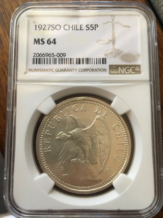 1927 Chile 5 Pesos Ngc Ms64