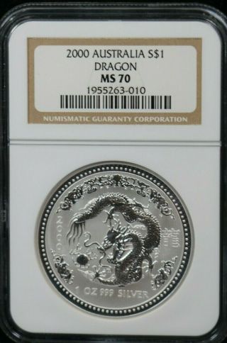 Australia 2000 $1 Year Of The Dragon 1 Ounce Silver Coin - Lunar Series 1 Ms70