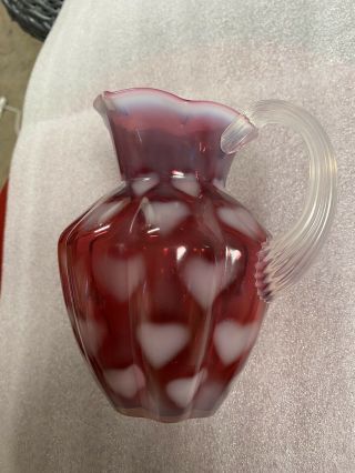 Vintage Fenton Cranberry Opalescent Art Glass Ruffled Edge Short Pitcher