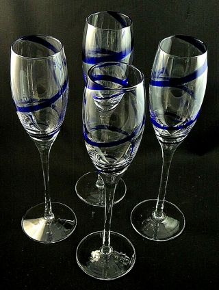 Swirline Cobalt Blue By Pier 1 Champagne Flutes 10 1/4 " Tall Set Of 4