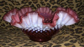 Vintage Fenton Opalescent Cranberry Hobnail Glass 9.  5 " Double Ruffled Bowl Pink