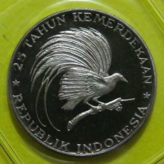 1970 Indonesia 200 Rupiah Silver Proof " Bird Of Paradise " 25th Ann.  Independence