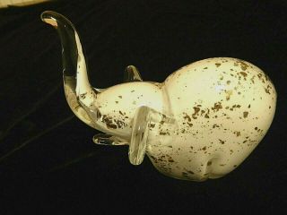Murano Art White Glass Elephant,  Gold Inclusions Cased In Clear Glass 4 7/8 "