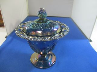 Vintage Blue Indiana Harvest Grape Carnival Glass Pedestal Candy Dish With Lid