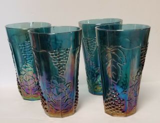 4 Vintage Indiana Blue Carnival Glass Tumblers W/ Harvest Grape 5 " 7/8 Tall