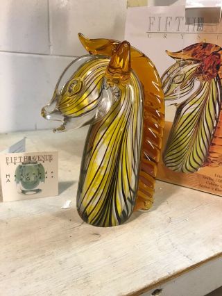 Fifth Avenue Crystal Art Glass Horse Head 8 1/4” Amber White Seahorse