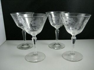Vintage Etched Daisies & Lines Floral Wine Glasses Set Of 4