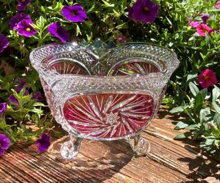 Vintage Cranberry Red Cut To Clear Glass Crystal Footed Bowl - Pristine