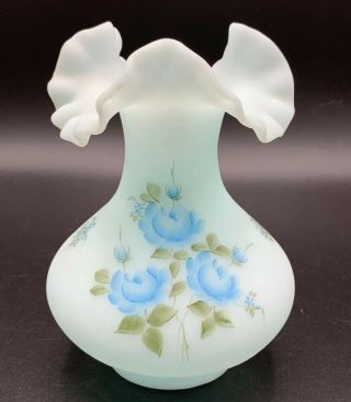 Fenton Art Hand Painted Satin Custard Glass Vase Blue Roses Signed Euc