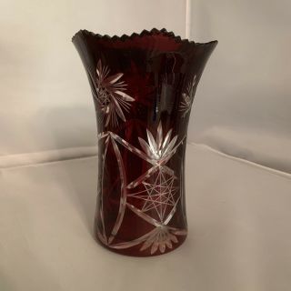 Ruby Red Cut Glass Crystal Vase Vintage Bohemian Czech Art Pinwheel