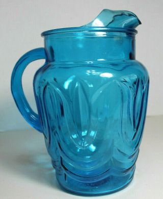 Vintage Anchor Hocking Blue Glass Colonial Tulip Pitcher K2