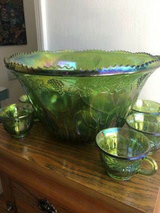 Vintage Indiana Glass Green Carnival Princess Punch Bowl Set W/ Cups