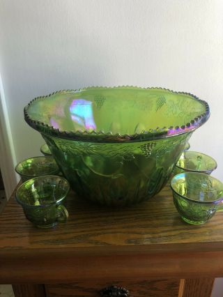 VINTAGE INDIANA GLASS GREEN CARNIVAL PRINCESS PUNCH BOWL SET W/ CUPS 2