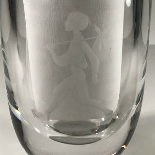 Vintage Kosta Etched Crystal Glass Vase W/ Lanky Child Carrying Hobo Stick & Bag
