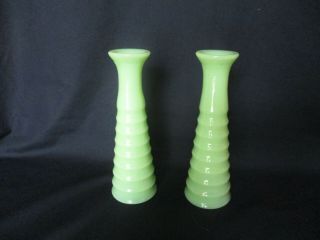 Set Of 2 Jeannette Glass Jadeite (jadite) Horizontal Ribbed Bud Vases