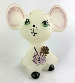 Fenton White Satin Glass Hand Painted Boutonniere & Vest Buddy Mouse Signed
