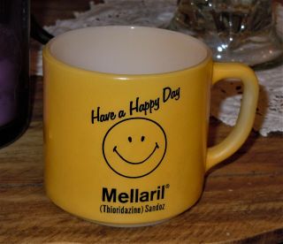 Vtg Mellaril Sandoz Have A Happy Day Promotional Federal Glass Coffee Mug Yellow
