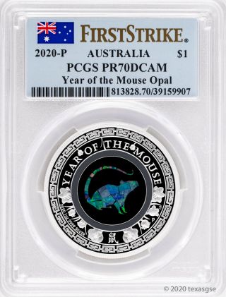 2020 - P $1 Australia Year Of The Mouse Opal 1oz.  9999 Silver Proof Pcgs Pr70 Fs