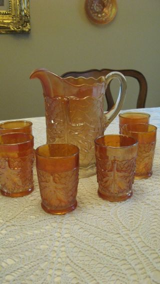 Vintage Carnival Glass Dugan Maple And Leaf Marigold Water Set Fair Color