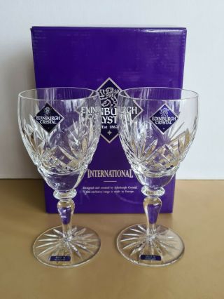 Pair Signed Edinburgh Cut Crystal Wine Glasses Stirling