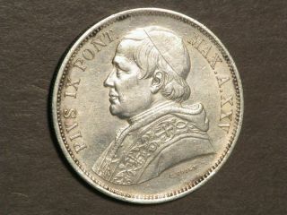 Vatican - Papal States 1870r 5 Lire Silver Crown Au - Unc