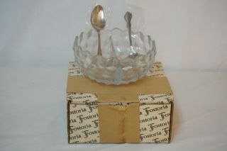 Fostoria Heavy Antique Crystal Condiment Bowl W/ Stainless Serving Spoons