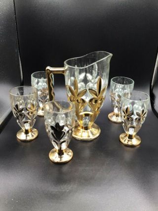 Vintage Clear Glass Pitcher And 5 Glasses With Gold Gilding