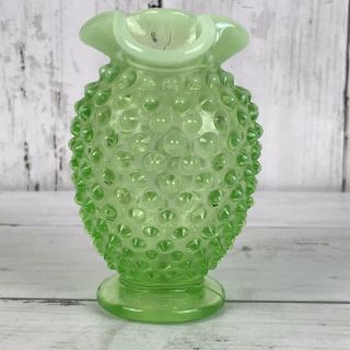 Vintage Fenton Green Opalescent Hobnail Small Ruffle Edge Vase Uranium 3 3/4”