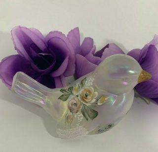 Fenton 95th White Iridescent Bird Figurine Hand Painted Floral Signed By Artist