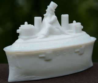 Milk Glass Covered Dish - Uncle Sam On A Battleship