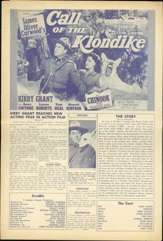 Call Of The Klondike (1950) Kirby Grant,  Chinook,  Anne Gwynne Western Pressbook