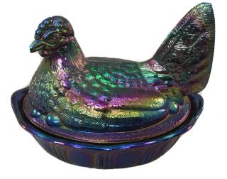 Iridescent Fenton Blue Carnival Glass Chicken Hen On Basket Nest Candy Dish 5.  5”