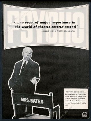 1961 Alfred Hitchcock Photo Psycho Movie Academy Award Unusual Trade Print Ad