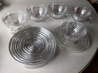 11 Set Anchor Hocking Glass Clear Manhattan 5 Cups 6 Saucers/ Bread Plates
