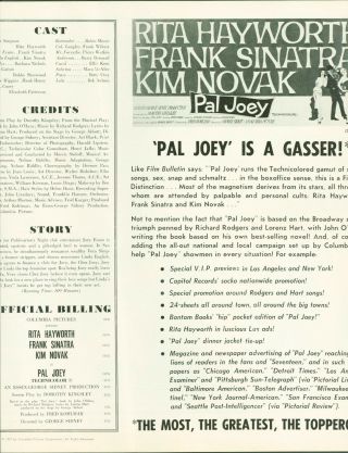 Pal Joey (1957) Rita Hayworth,  Frank Sinatra,  Kim Novak Pressbook