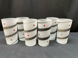Set Of 6 Federal Frosted Embossed Black / Red Dot Glass Tumblers 5 1/4 "
