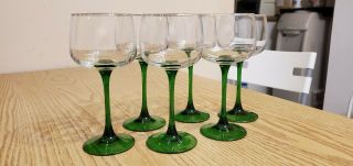Set Of 6 Emerald Green Stems Wine Glasses Goblets Lumirac Made In France,  7 " Tall