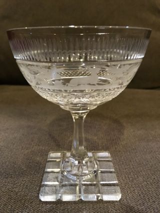 Queen Lace Etched Crystal Cut Glass 2 Stag Design 4 1/2 Inch Sherbet Stemware
