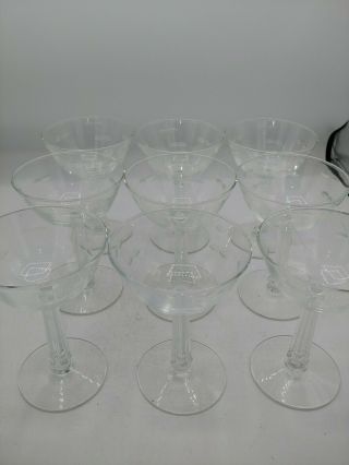 Vintage Set Of 9 Etched Stemmed 5 1/2 " Glass Wine Champagne Glasses Leaves