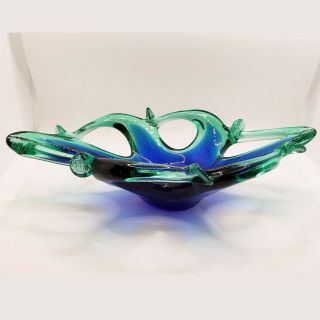 Vintage Murano Green Blue Art Glass Hand Blown Candy Dish Ash Tray
