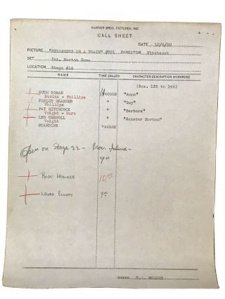 Strangers On A Train - Warner Brothers Call Sheet - Alfred Hitchcock