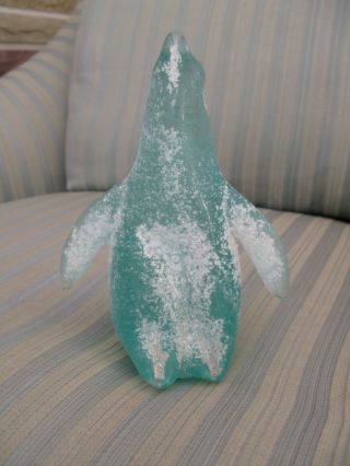 Nora Fenton Art Glass Aqua Penguin Figurine 7 1/4 W Frit Hand Crafted W Sticker