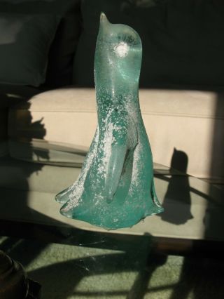 Nora Fenton Art Glass Aqua PENGUIN Figurine 7 1/4 w Frit Hand Crafted w Sticker 2