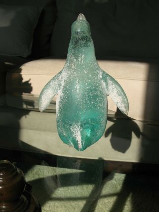 Nora Fenton Art Glass Aqua PENGUIN Figurine 7 1/4 w Frit Hand Crafted w Sticker 3